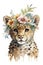 Baby face portrait leopard, animal flower crown on white background. Beautiful poster for decorative design mammal. Cute