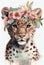 Baby face portrait leopard, animal flower crown on white background. Beautiful poster for decorative design mammal. Cute