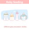 Baby feeding. Set of different bottles for baby feeding in row.