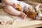 Baby feet in flour, buns, bread, bagels, kitchen still life