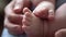 Baby Feet On Mother Hands. Cute Tiny Newborn Kid's Legs On Female Embrace Closeup. Mom And Her Child. Happy Family