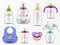 Baby food accessories. Realistic milk bottles, rubber pacifier, heater and manual breast pump, children nutrition