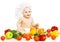 Baby food. Child in cook hat sitting inside vegetable over white