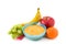 Baby food: colorful bowl of fruit puree isolated