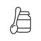 Baby food jar with cap, spoon. Line art icon of canned food, jam, peanut butter, puree. Black simple illustration of ready mash in