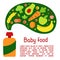 Baby food placard concept with meal elements and sample text