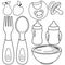 Baby food set. Spoon and fork for babies, tableware set with milk bottles. Vector black and white coloring page.