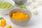 Baby food. Variation of the three homemade vegetable puree in bowls. Pumpkin puree, cauliflower puree and broccoli puree