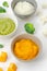 Baby food. Variation of the three homemade vegetable puree in bowls. Pumpkin puree, cauliflower puree and broccoli puree