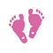 Baby foot prints. Baby girl. Baby foot print with heart. Baby shower greeting card. Foot steps