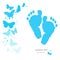 Baby foot prints with butterfly newborn baby greeting card vector background