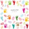 Baby footprint, hand prints and finger prints kids greeting card vector illustration
