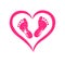 Baby footprints silhouette inside of pink heart