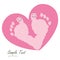 Baby footprints vector greeting card with heart and smiley