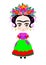 Baby Frida Kahlo with crown of colorful flowers, Kokeshi doll style, cartoon doll in typical ethnic Mexican clothes for children,