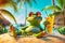 a baby frog tourist relaxing at beach vacation at a tropical resort, funny holiday concept, AI generative