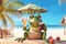 a baby frog tourist relaxing at beach vacation at a tropical resort, funny holiday concept, AI generative