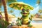 a baby frog tourist relaxing at beach vacation at a tropical resort, funny holiday concept, AI generative