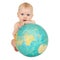 Baby with geographical globe isolated on white