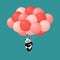 Baby giant panda flying red and pink balloons in the air with blue background. Black and white chinese bear cub.