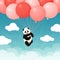 Baby giant panda flying red and pink balloons in the sky with clouds. Black and white chinese bear cub.