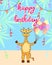 Baby giraffe birthday card, cute birthday greeting card with african giraffe, colorful balloons and background