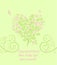 Baby girl arrival greeting light green card with beautiful blossoming decorative lacy tree with pink flowers in heart shape