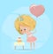Baby Girl Blowing Birthday Cake Candle. Cute Blond Girl Character wearing pink Celebrate Birth Party. Cute girl Holding