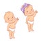 baby girl, boy, standing, pointing with finger.