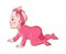 Baby girl crawling. Cute infant character in pink clothes and ribbon learning to crawl. Happy child vector illustration