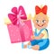 Baby girl. Cute child is sitting with big gift. Cartoon style vector illustration.