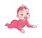 Baby girl. Cute infant with pacifier, happy toddler in pink clothes and ribbon with bow on head lying. Cartoon newborn