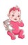 Baby girl. Cute infant with toy, smiling toddler in pink clothes sitting. Happy child vector illustration isolated on