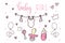 Baby girl doodle set. Hand drawing newborn baby collection. Cute girl icons clipart. Doodle style of milk bottle with pacifier.