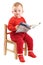 Baby girl dressed in red sitting on chair reading