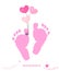Baby girl foot prints with hearts balloon vector greeting card
