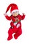 Baby girl with pacifier or dummy, red babygrow or onesie, Rudolph reindeer bib, Santa Claus hat for Christmas.