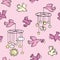 Baby girl pink seamless pattern with flying birds carrying mobiles. Vector