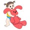 Baby girl is playfully acting hugging a big rabbit doll