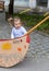 Baby Girl. Playing. Boat. Cardboard. Toys