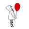 Baby girl with a red ball in a raincoat. Black and white illustration.