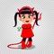 Baby girl in red devil imp costume holding lollipop and trident on transparent background.