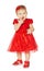 Baby Girl in Red Dress. Happy Kid in Fashion Holiday Clothes Suck Finger in Mouth. Child White Isolated