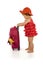 Baby girl in red with luggage - isolated