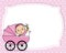 Baby girl shower card. baby girl inside the cart