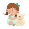 Baby Girl Sitting on the Floor and Hugging Fluffy Toy Bear Vector Illustration