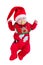 Baby girl sleeping or asleep with pacifier or dummy, red onesie, Rudolph reindeer bib, Santa hat for Christmas.