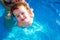 Baby girl smiles happy playing in a swimming pool in summer looking at camera