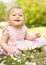 Baby Girl In Summer Dress Sitting In Field