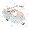 Baby girl sweetly sleeping on a sheep. Baby shower. Sweet dream. Vector